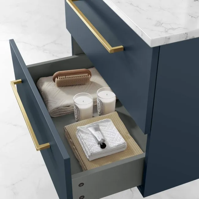 Elba Inky Blue Wall Hung Drawer Vanity with Marble Top & Curved Counter Top Basin 600mm - Brushed Brass Accents