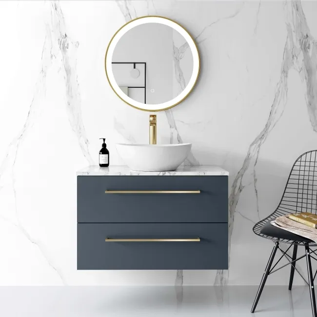 Elba Inky Blue Wall Hung Drawer Vanity with Marble Top & Oval Counter Top Basin 800mm - Brushed Brass Accents