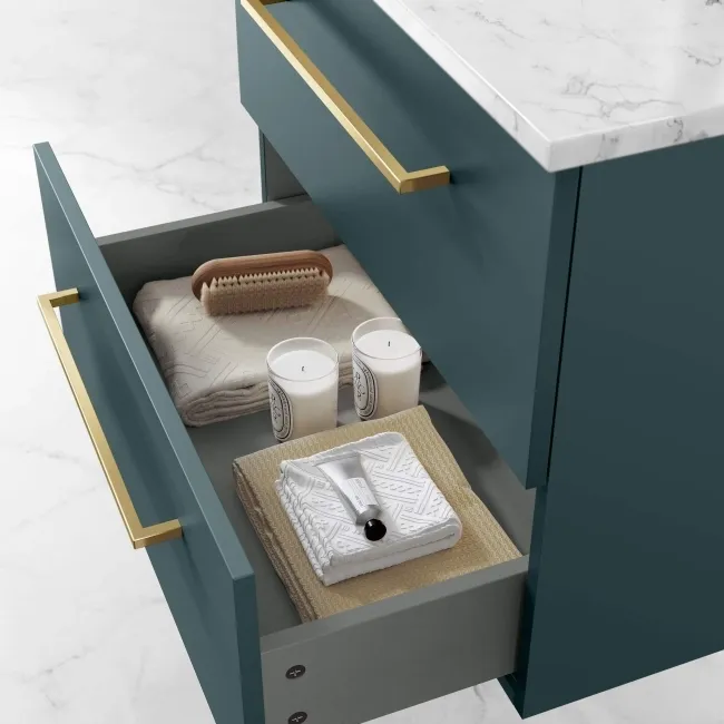 Elba Midnight Green Wall Hung Drawer Vanity with Marble Top & Curved Counter Top Basin 600mm - Brushed Brass Accents