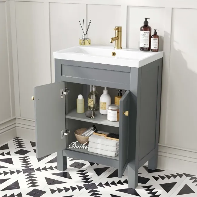 Bermuda Dove Grey Basin Vanity 600mm - Brushed Brass Accents