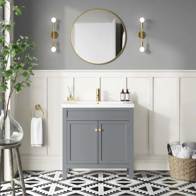 Bermuda Dove Grey Basin Vanity 800mm - Brushed Brass Accents