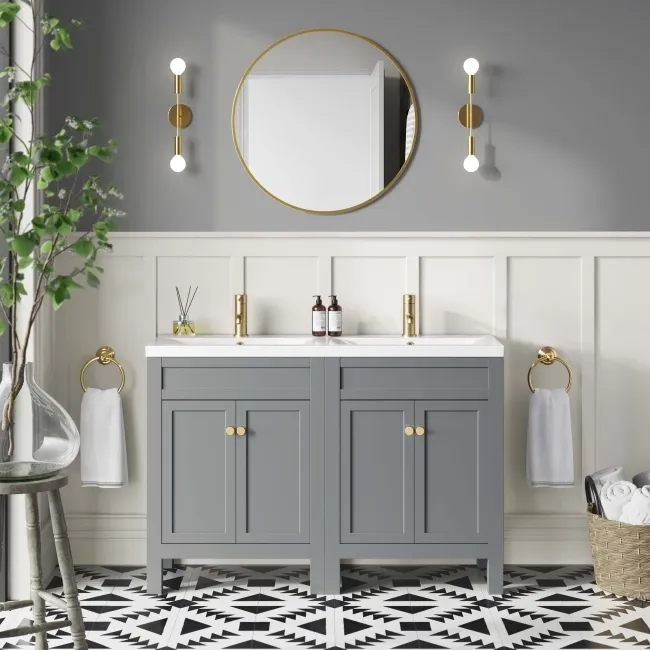 Bermuda Dove Grey Double Basin Vanity 1200mm - Brushed Brass Accents