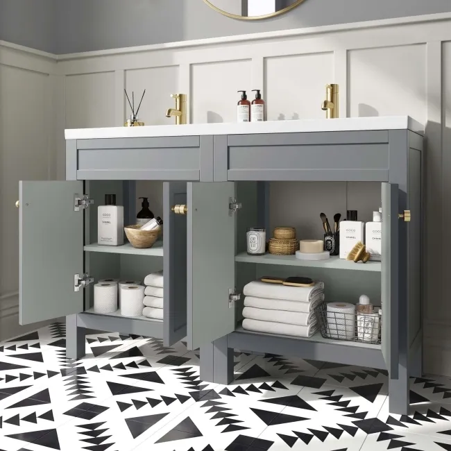 Bermuda Dove Grey Double Basin Vanity 1200mm - Brushed Brass Accents