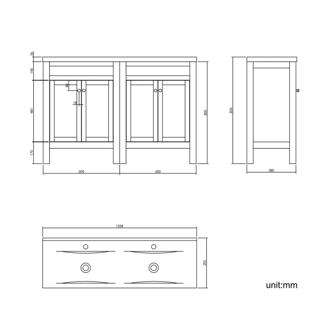 Bermuda Dove Grey Double Basin Vanity 1200mm - Brushed Brass Accents