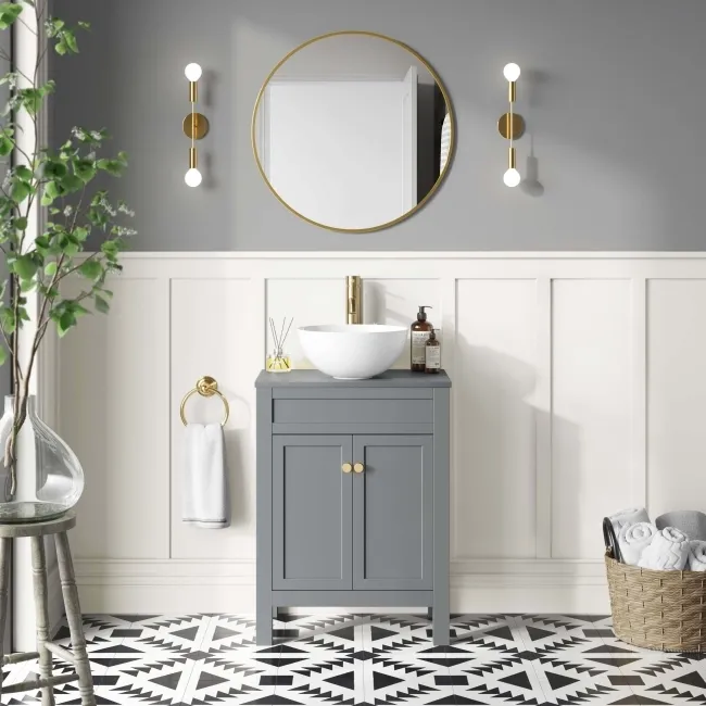 Bermuda Dove Grey Vanity with Round Counter Top Basin 600mm - Brushed Brass Accents