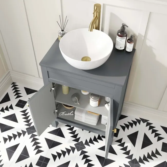 Bermuda Dove Grey Vanity with Round Counter Top Basin 600mm - Brushed Brass Accents