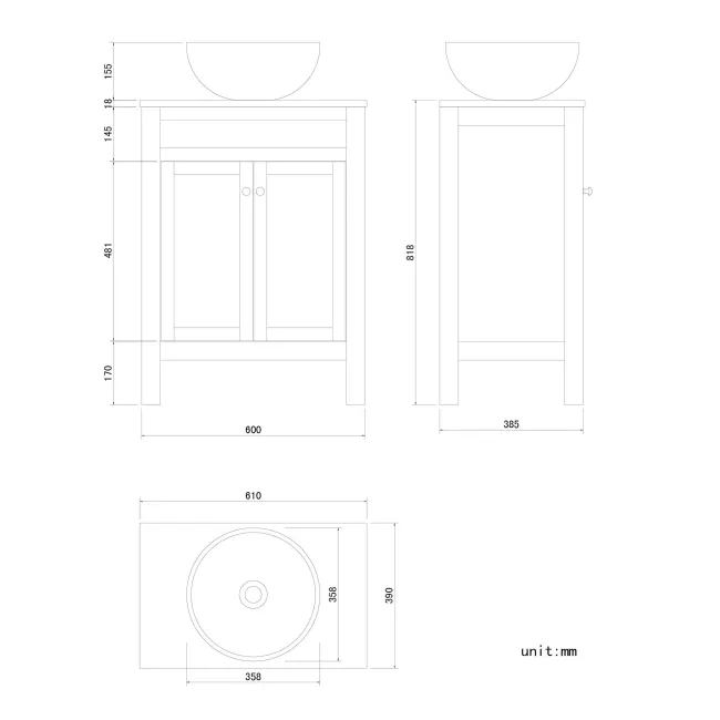 Bermuda Dove Grey Vanity with Round Counter Top Basin 600mm - Brushed Brass Accents