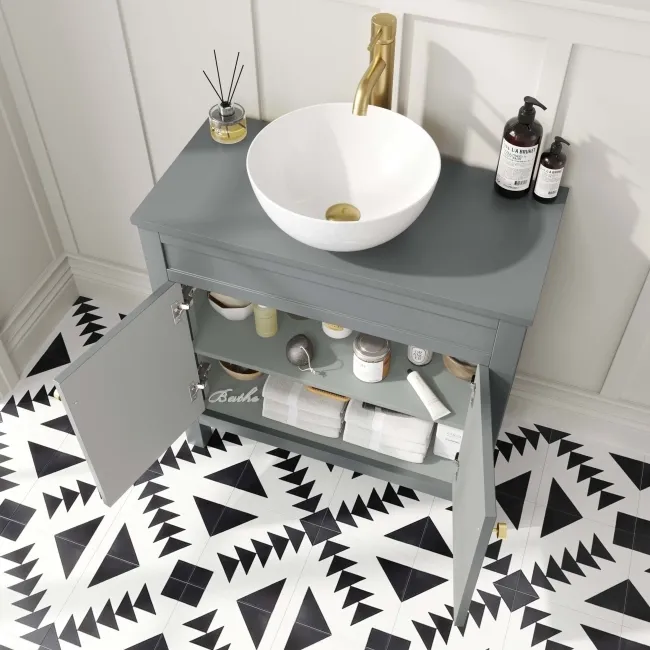 Bermuda Dove Grey Vanity with Round Counter Top Basin 800mm - Brushed Brass Accents