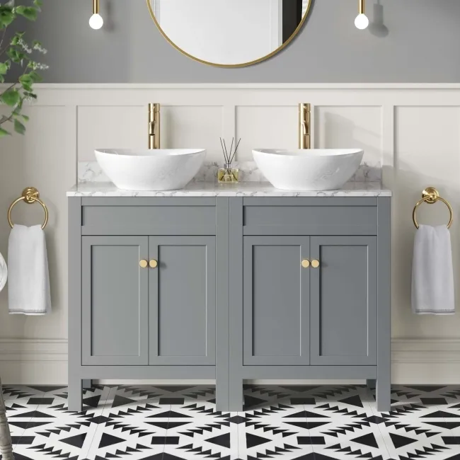 Bermuda Dove Grey Vanity with Marble Top & Oval Counter Top Basin 1200mm - Brushed Brass Accents