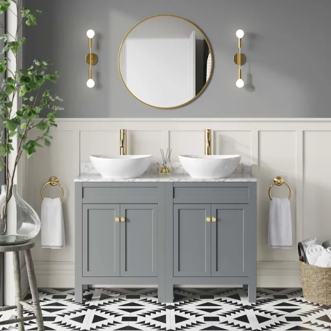 Bermuda Dove Grey Vanity with Marble Top & Oval Counter Top Basin 1200mm - Brushed Brass Accents
