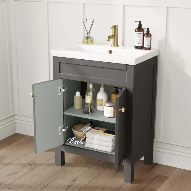 Bermuda Graphite Grey Basin Vanity 600mm - Brushed Brass Accents