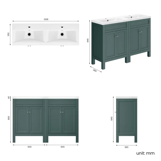 Bermuda Midnight Green Double Basin Vanity 1200mm