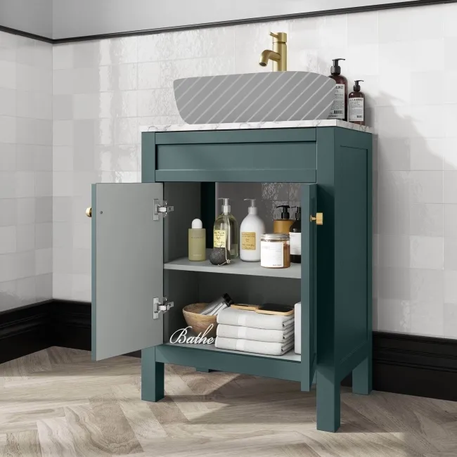 Bermuda Midnight Green Cabinet with Marble Top 600mm Excludes Counter Top Basin - Brushed Brass Accents