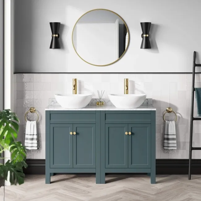 Bermuda Midnight Green Vanity with Marble Top & Oval Counter Top Basin 1200mm - Brushed Brass Accents