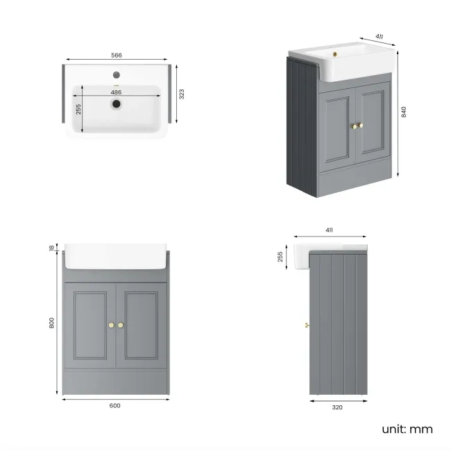 Monaco Dove Grey Basin Vanity 600mm - Brushed Brass Accents