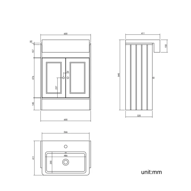 Monaco Dove Grey Basin Vanity 600mm - Brushed Brass Accents