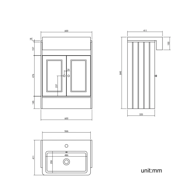 Monaco Chalk White Basin Vanity 600mm - Brushed Brass Accents