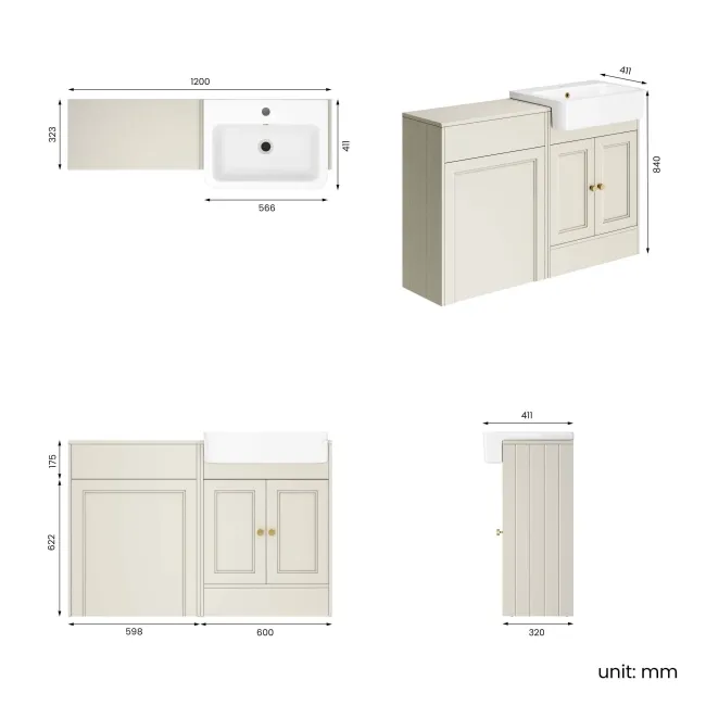 Monaco Chalk White Basin Vanity and Back To Wall Toilet Unit 1200mm (Excludes Pan & Cistern) - Brushed Brass Accents