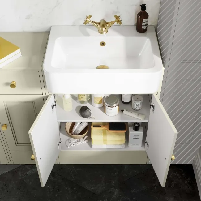 Monaco Chalk White Combination Vanity Basin 1500mm (Excludes Pan & Cistern) - Brushed Brass Accents