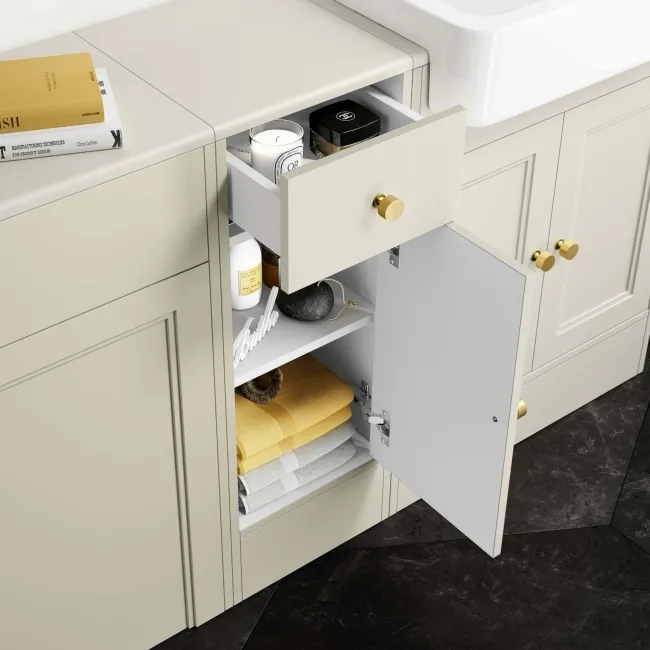 Monaco Chalk White Combination Vanity Basin 1500mm (Excludes Pan & Cistern) - Brushed Brass Accents