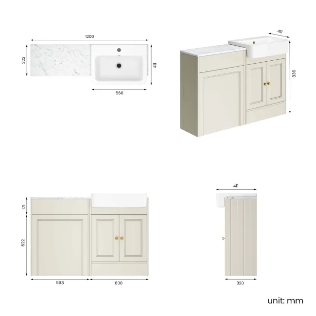 Monaco Chalk White Combination Vanity Basin with Marble Top 1200mm (Excludes Pan & Cistern) - Brushed Brass Accents