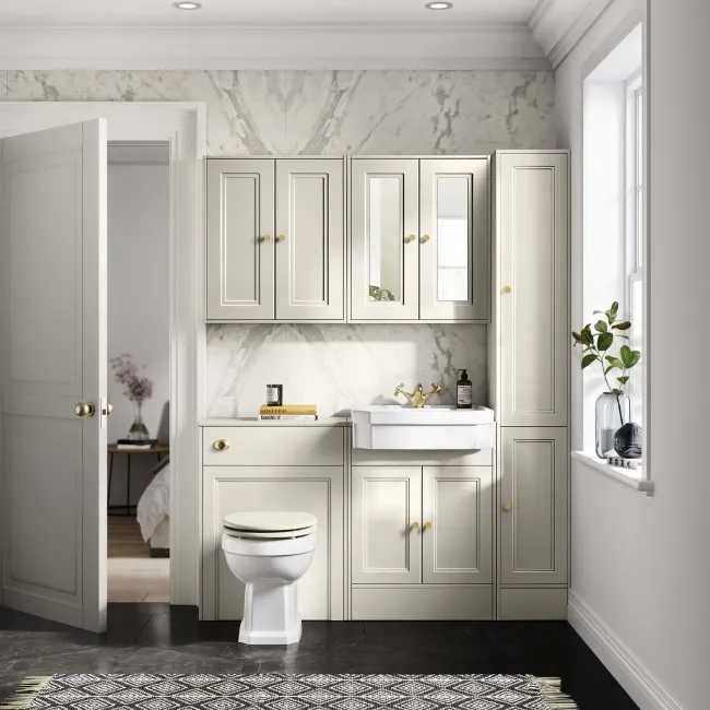 Monaco Chalk White Traditional Basin Vanity and Back To Wall Unit 1200mm (Excludes Pan & Cistern) - Brushed Brass Accents