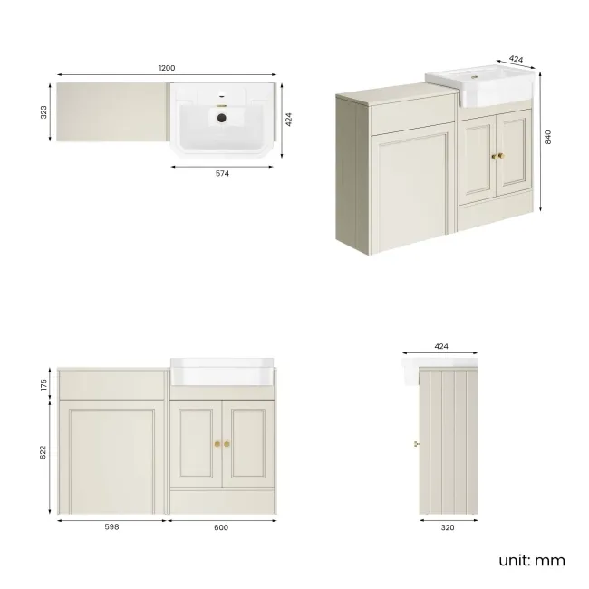 Monaco Chalk White Traditional Basin Vanity and Back To Wall Unit 1200mm (Excludes Pan & Cistern) - Brushed Brass Accents