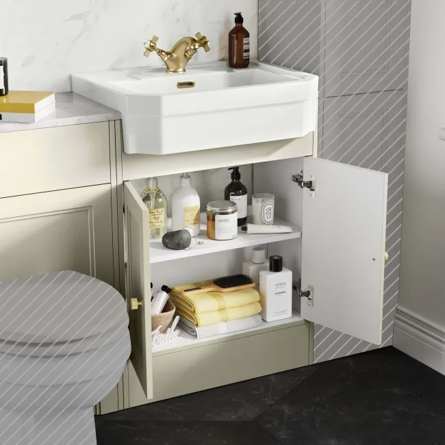 Monaco Chalk White Combination Vanity Traditional Basin with Marble Top 1200mm (Excludes Pan & Cistern) - Brushed Brass Accents