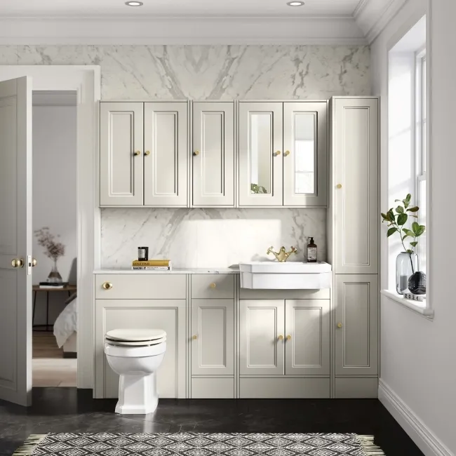 Monaco Chalk White Combination Vanity Traditional Basin with Marble Top 1500mm (Excludes Pan & Cistern) - Brushed Brass Accents