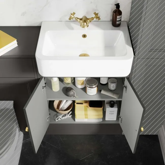 Monaco Graphite Grey Basin Vanity and Back To Wall Unit 1200mm (Excludes Pan & Cistern) - Brushed Brass Accents