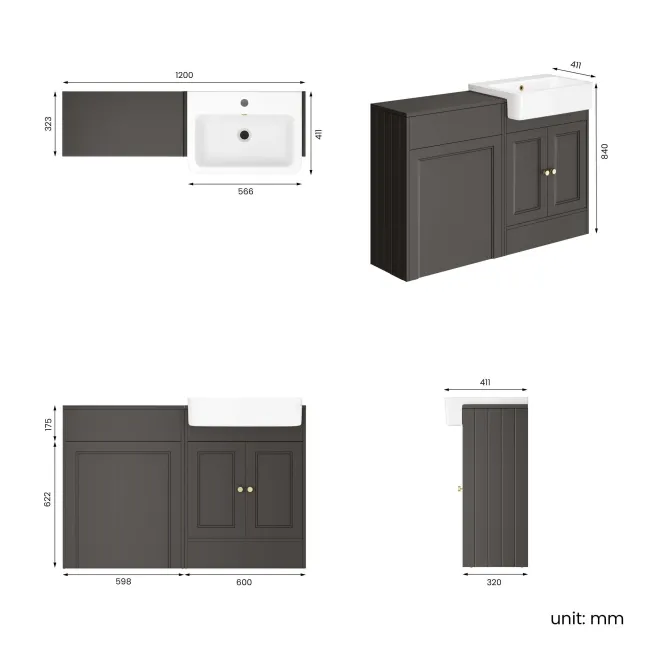Monaco Graphite Grey Basin Vanity and Back To Wall Unit 1200mm (Excludes Pan & Cistern) - Brushed Brass Accents