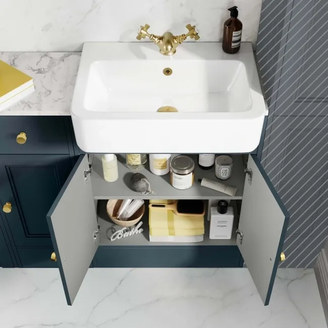Monaco Inky Blue Combination Vanity Basin with Marble Top 1500mm (Excludes Pan & Cistern) - Brushed Brass Accents