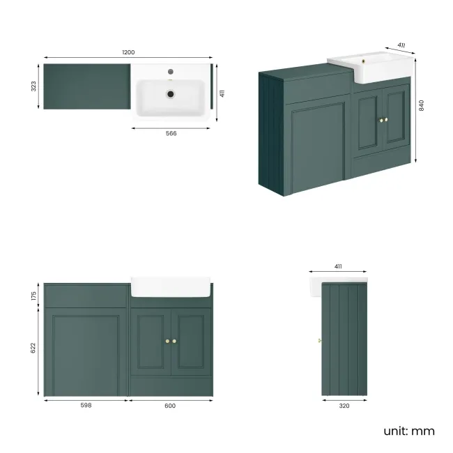 Monaco Midnight Green Basin Vanity and Back To Wall Unit 1200mm (Excludes Pan & Cistern) - Brushed Brass Accents