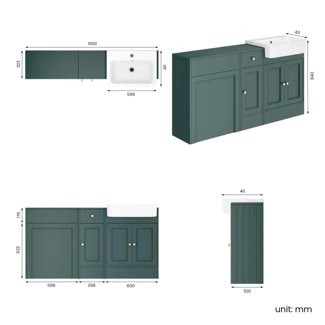 Monaco Midnight Green Basin Vanity and Back To Wall Unit 1500mm (Excludes Pan & Cistern) - Brushed Brass Accents