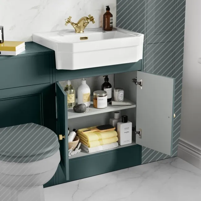 Monaco Midnight Green Traditional Basin Vanity and Back To Wall Unit 1200mm (Excludes Pan & Cistern) - Brushed Brass Accents