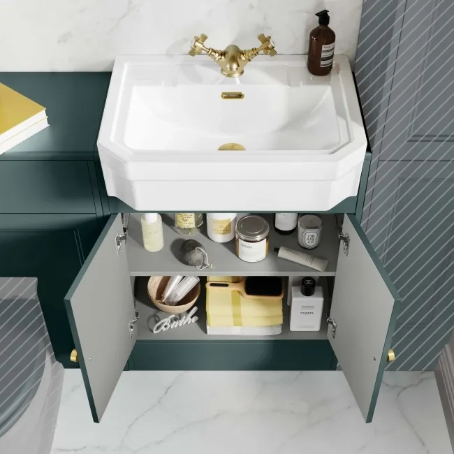 Monaco Midnight Green Traditional Basin Vanity and Back To Wall Unit 1200mm (Excludes Pan & Cistern) - Brushed Brass Accents