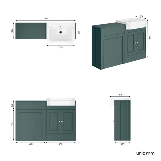 Monaco Midnight Green Traditional Basin Vanity and Back To Wall Unit 1200mm (Excludes Pan & Cistern) - Brushed Brass Accents