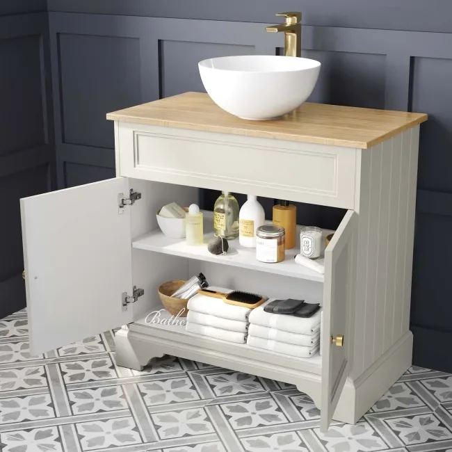 Lucia Chalk White Vanity with Oak Effect Top & Round Counter Top Basin 840mm - Brushed Brass Accents