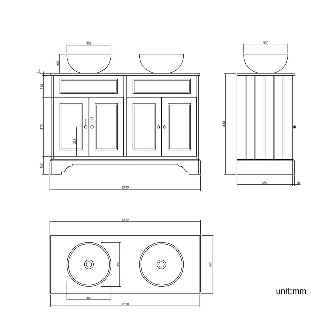 Lucia Graphite Grey Double Vanity with Oak Effect Top & Round Counter Top Basin 1200mm - Brushed Brass Accents