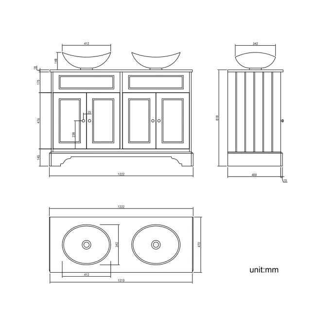 Lucia Graphite Grey Double Vanity with Oak Effect Top & Oval Counter Top Basin 1200mm - Brushed Brass Accents