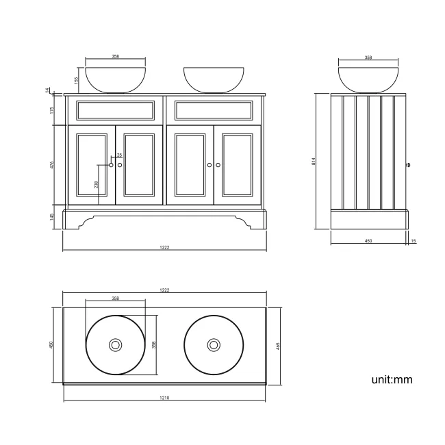 Lucia Graphite Grey Double Vanity with Marble Top & Round Counter Top Basin 1200mm - Brushed Brass Accents