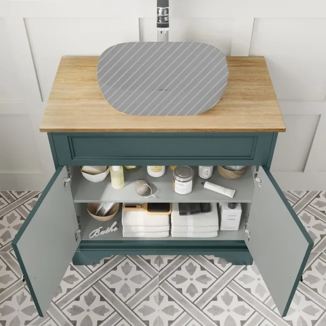Lucia Midnight Green Cabinet with Oak Effect Top 840mm - Excludes Counter Top Basin