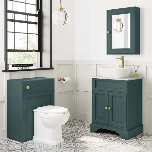 Lucia Midnight Green Vanity with Marble Top & Curved Counter Top Basin 640mm - Brushed Brass Accents