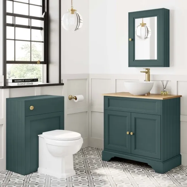 Lucia Midnight Green Vanity with Oak Effect Top & Round Counter Top Basin 840mm - Brushed Brass Accents