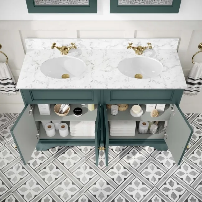 Lucia Midnight Green Double Vanity with Marble Top & Undermount Basins 1200mm - Brushed Brass Accents