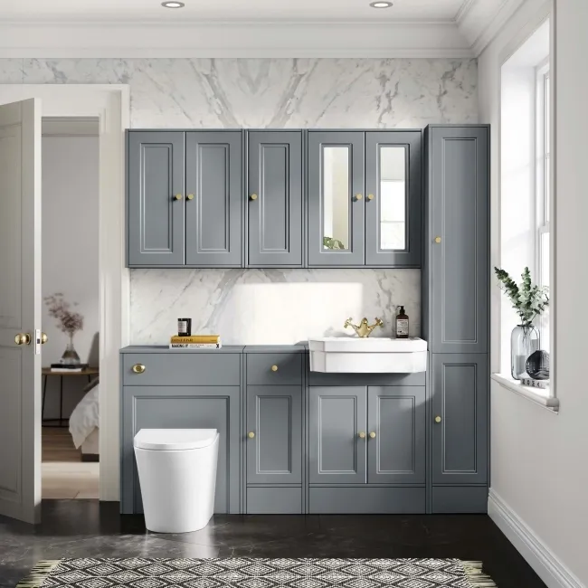 Monaco Dove Grey Combination Vanity Traditional Basin and Boston Toilet 1500mm - Brushed Brass Accents