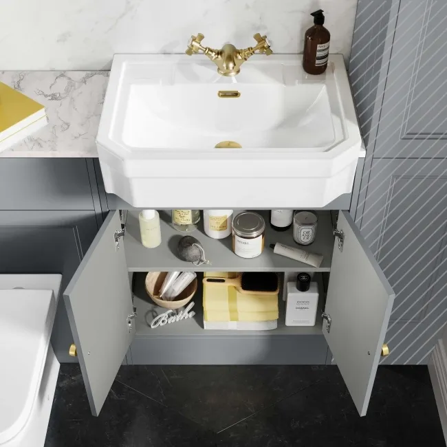 Monaco Dove Grey Combination Vanity Traditional Basin with Marble Top & Atlanta Toilet 1200mm - Brushed Brass Accents