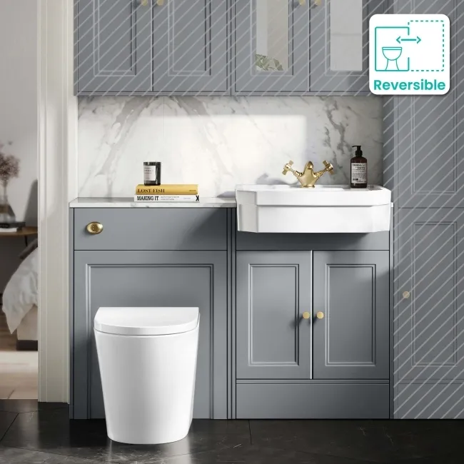 Monaco Dove Grey Combination Vanity Traditional Basin with Marble Top & Boston Toilet 1200mm - Brushed Brass Accents