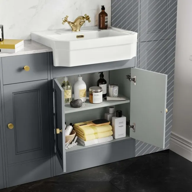 Monaco Dove Grey Combination Vanity Traditional Basin with Marble Top and Boston Toilet 1500mm - Brushed Brass Accents