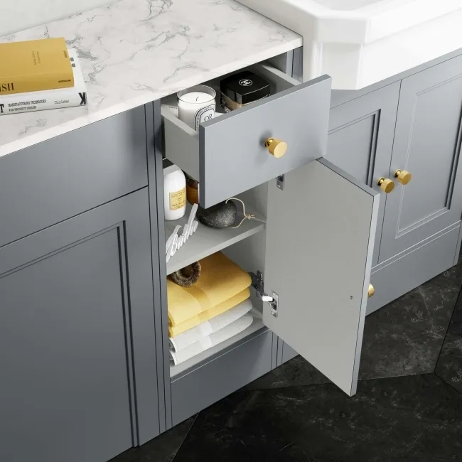 Monaco Dove Grey Combination Vanity Traditional Basin with Marble Top and Boston Toilet 1500mm - Brushed Brass Accents
